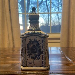 Vintage Russian Gzhel Porcelain Blue White Hand Painted Ceramic Bottle w Topper